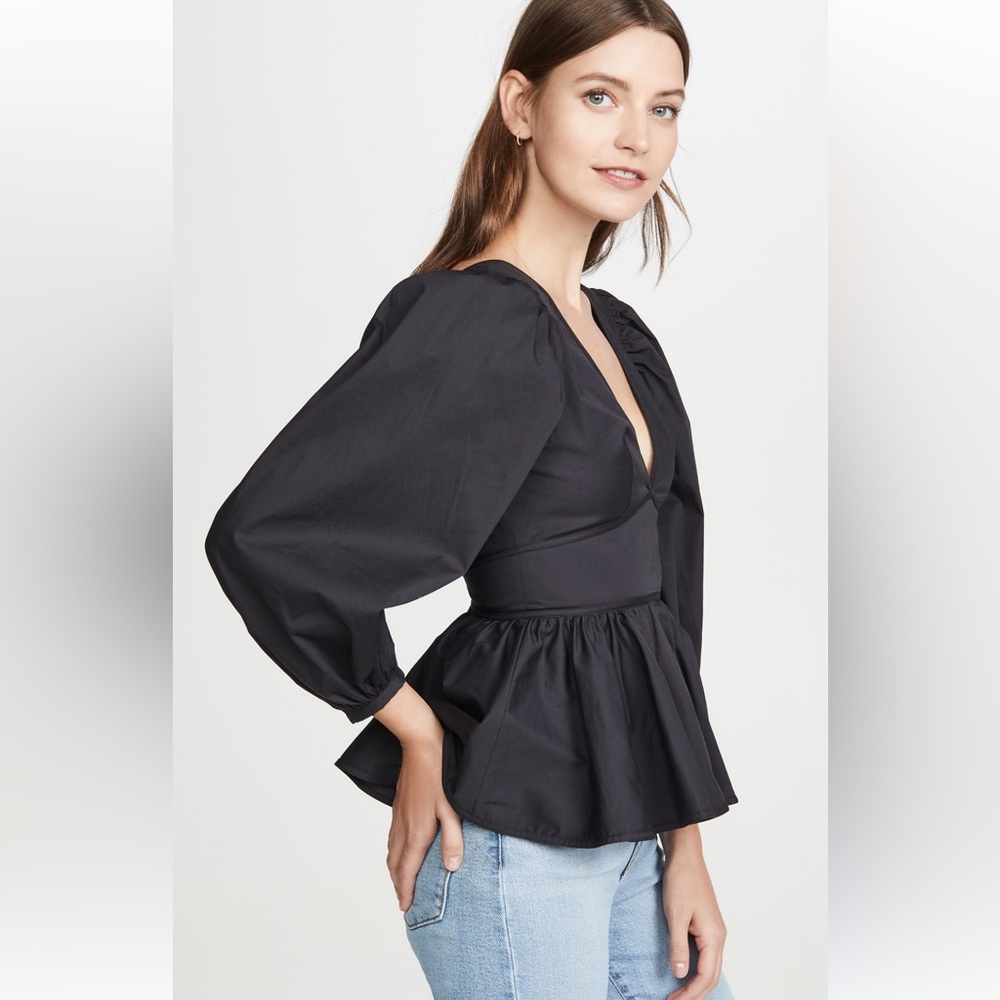 STAUD Luna Top Black Peplum Poplin Bold Sleeve Open Back - Picture 13 of 15